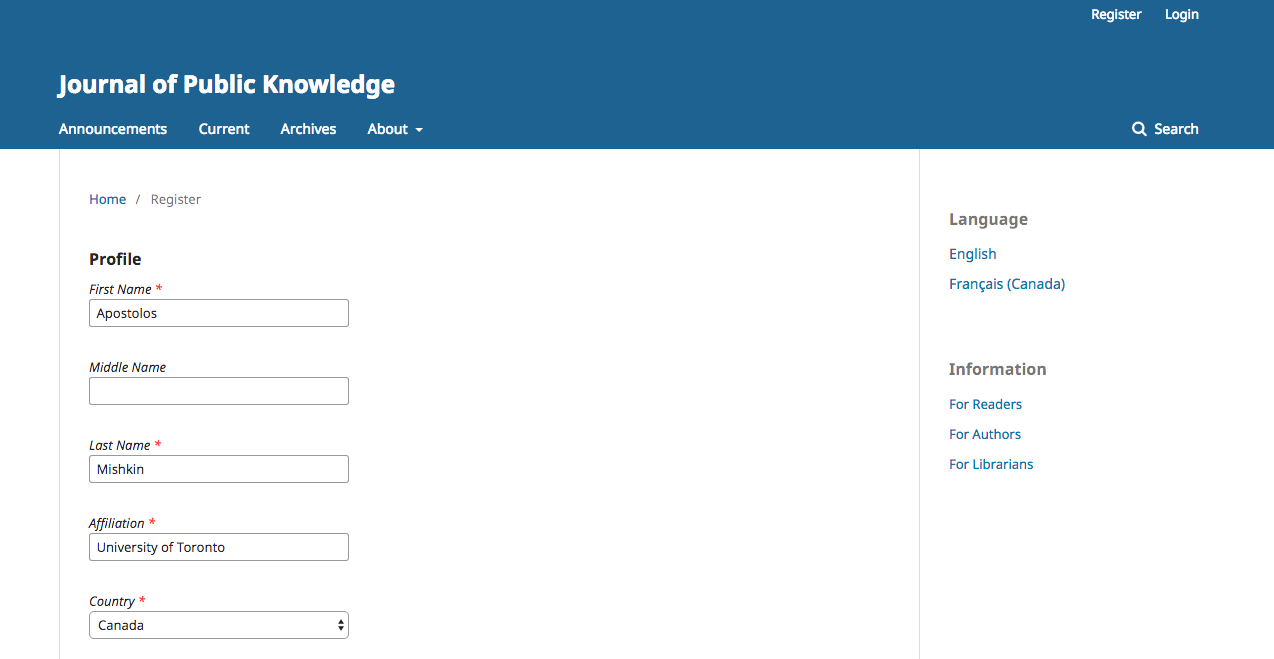 Registration form